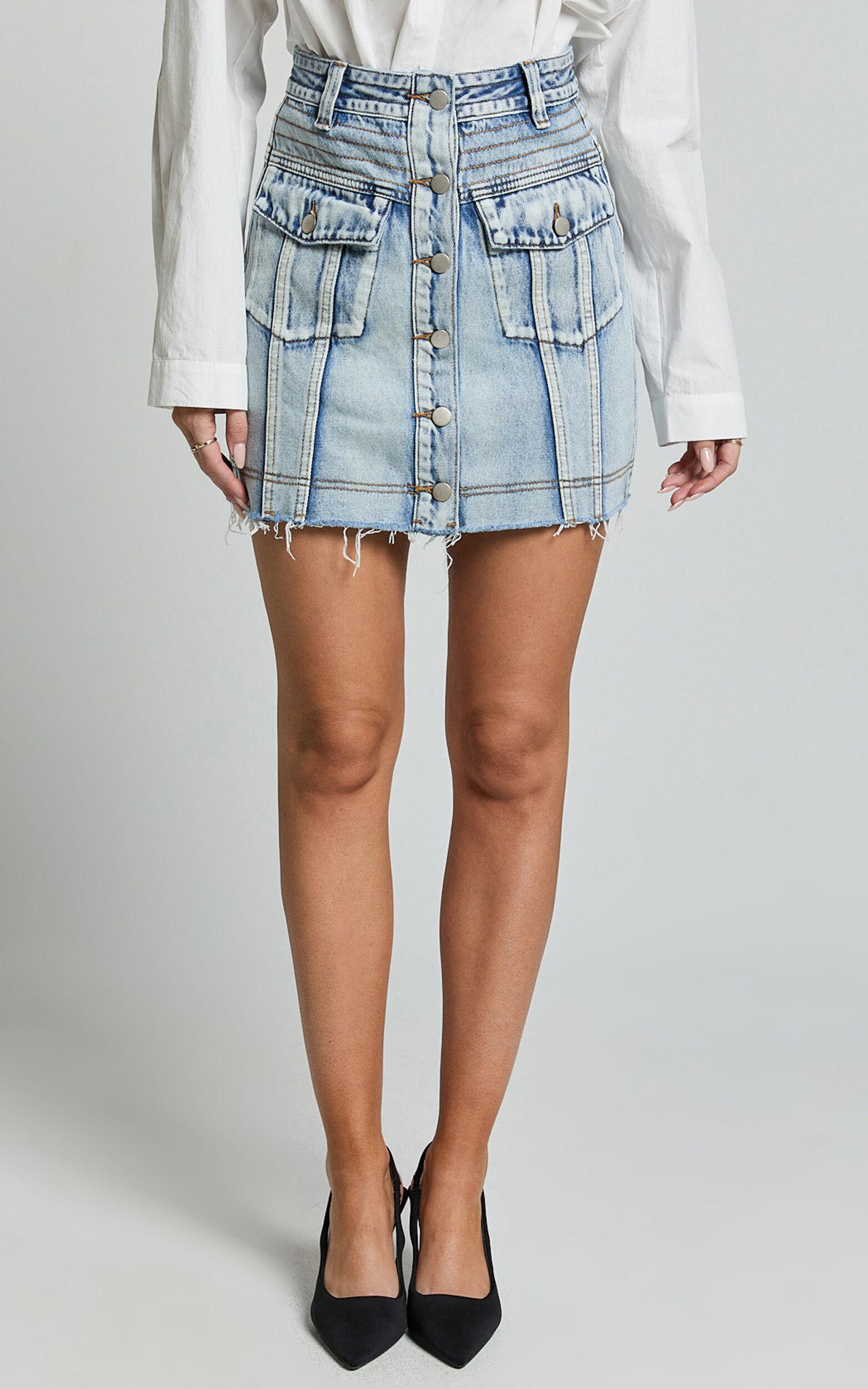 Gennlee Mini Skirt - Cotton Contrast Denim Skirt in Light Wash Blue Product Image