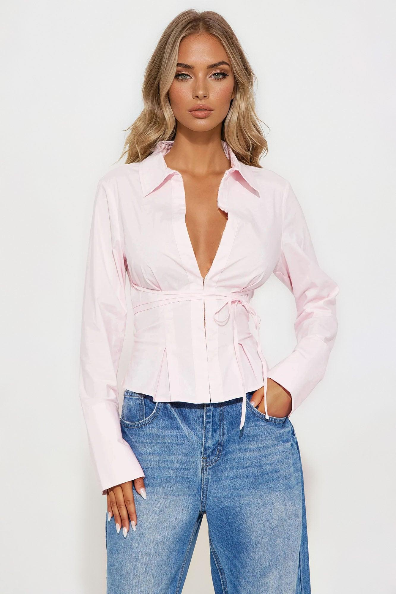On My Way Poplin Tie Waist Shirt - Pink Female Product Image