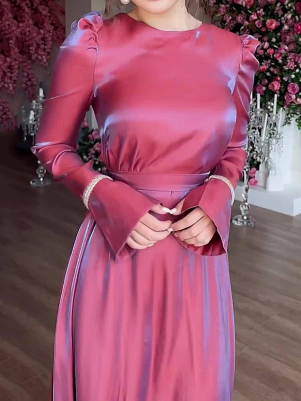 A-Line Long Sleeves Pleated Solid Color Tied Waist Zipper Round-Neck Maxi Dresses Product Image