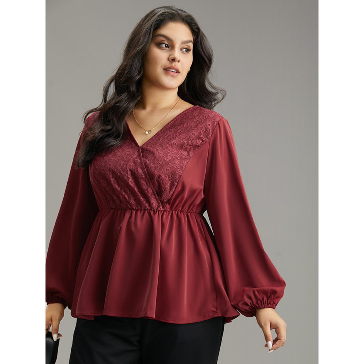 Plus Size Scarlet Static-Free Contrast Lace Lantern Sleeve Blouse Women Office Long Sleeve V-neck Office Blouses BloomChic 30/6X Product Image