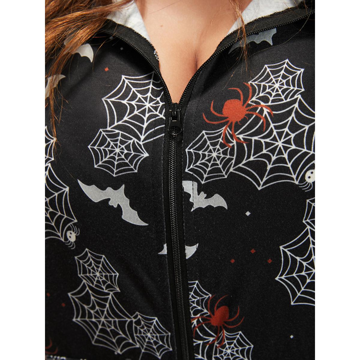 Plus Size Halloween Print Pocket Zip Up Jumpsuit Women Black Elegant Graphic-Halloween Zipper Hooded Pocket Loungewear BloomChic 14-16/1X Product Image