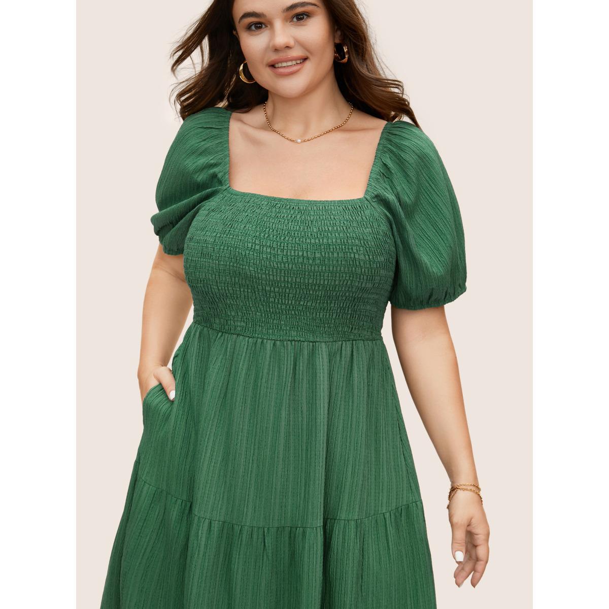 Plus Size Square Neck Texture Shirred Puff Sleeve Dress Emerald Women Elegant Texture Square Neck Short sleeve Curvy BloomChic 14-16/1X Product Image