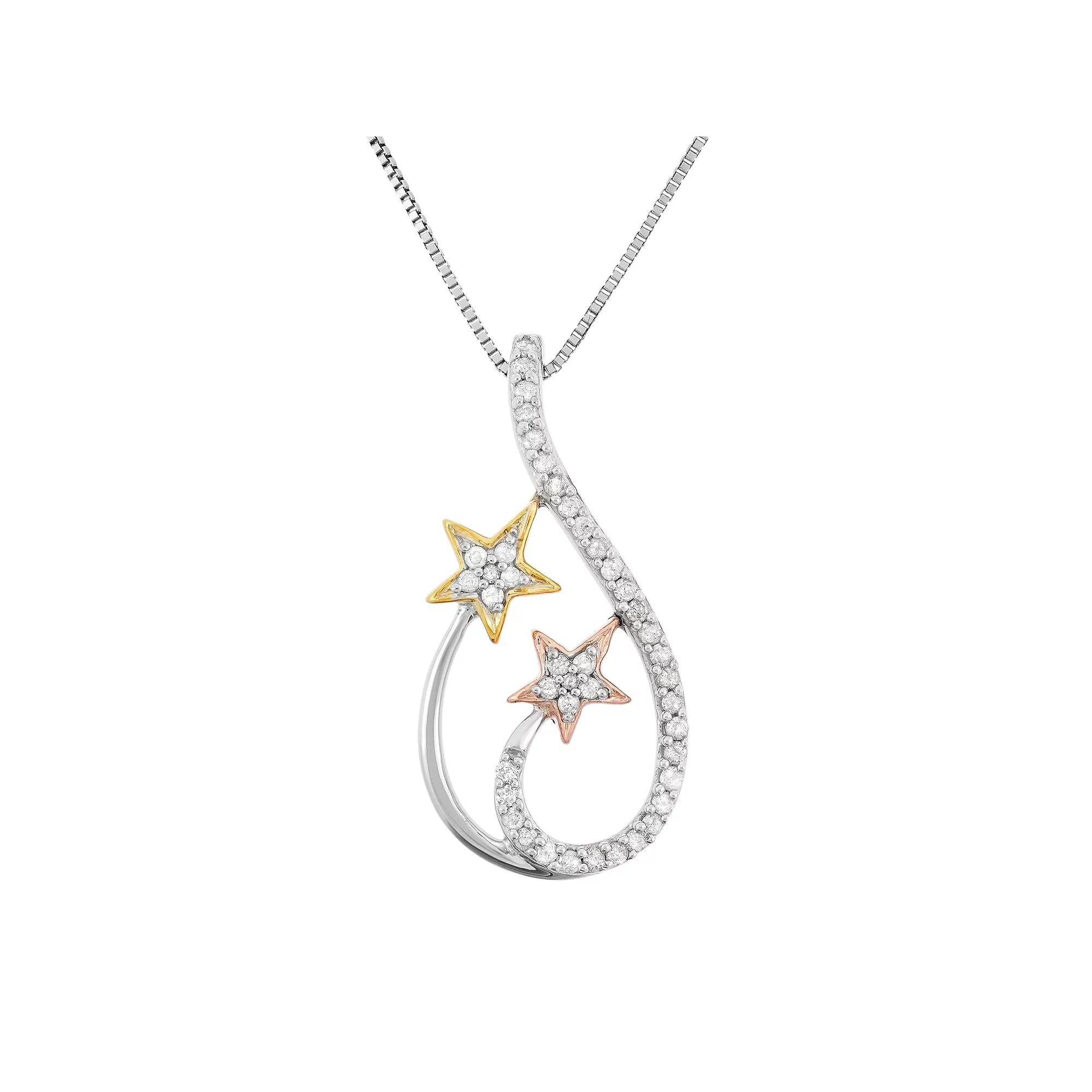 1/5 Carat T.W. Diamond Sterling Silver and 18k Gold Tri-Tone Star Teardrop Pendant Necklace, Women's, Size: 18", White Product Image