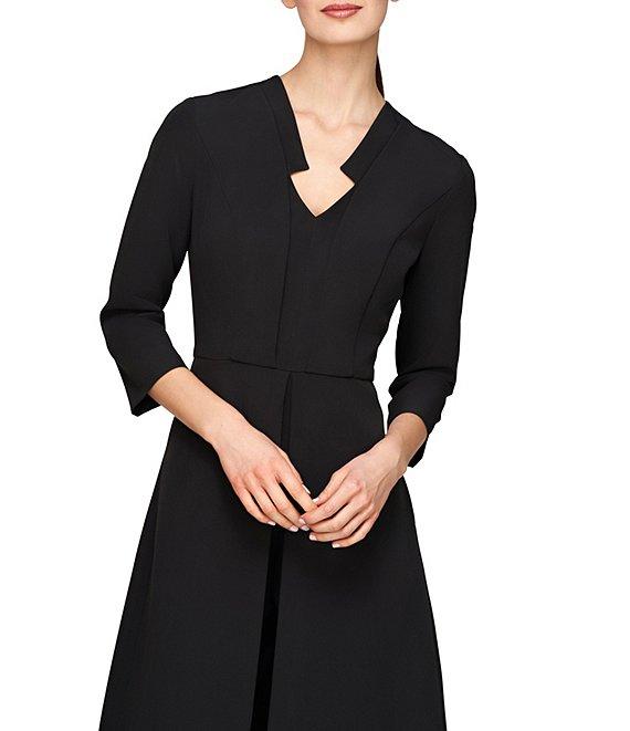 Kay Unger Colbie Stretch Crepe V-Neck 3/4 Sleeve Straight Leg Asymmetrical Jacket Jumpsuit Product Image