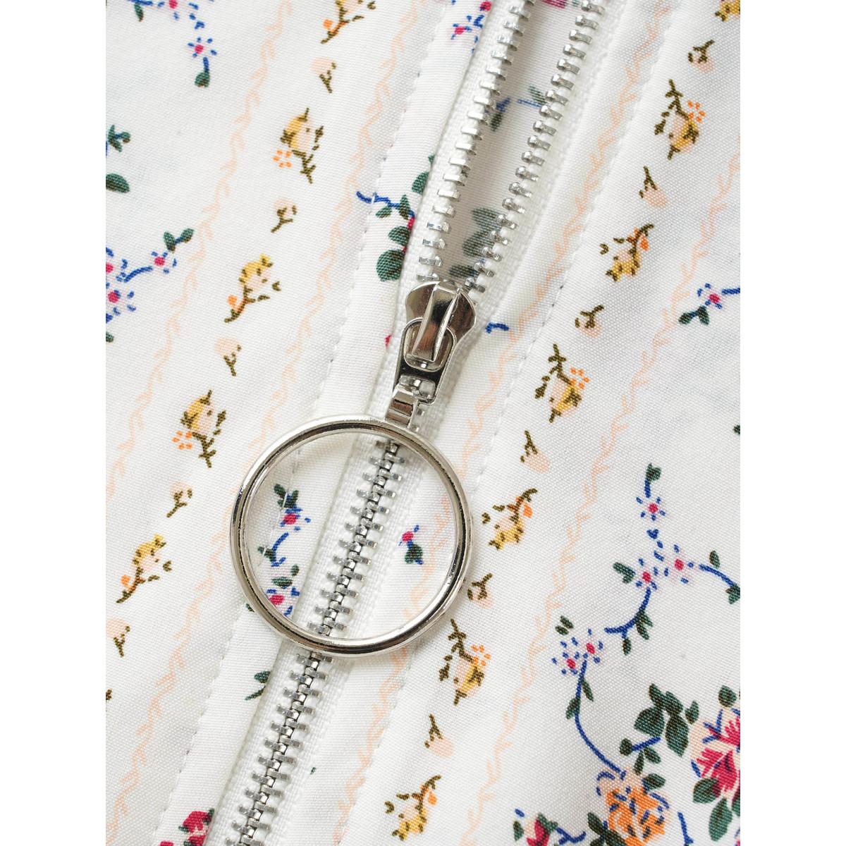 Plus Size Originalwhite Boho Print O Ring Zipper Lantern Sleeve Blouse Women Elegant Elbow-length sleeve V-neck Everyday Blouses BloomChic 14-16/1X Product Image