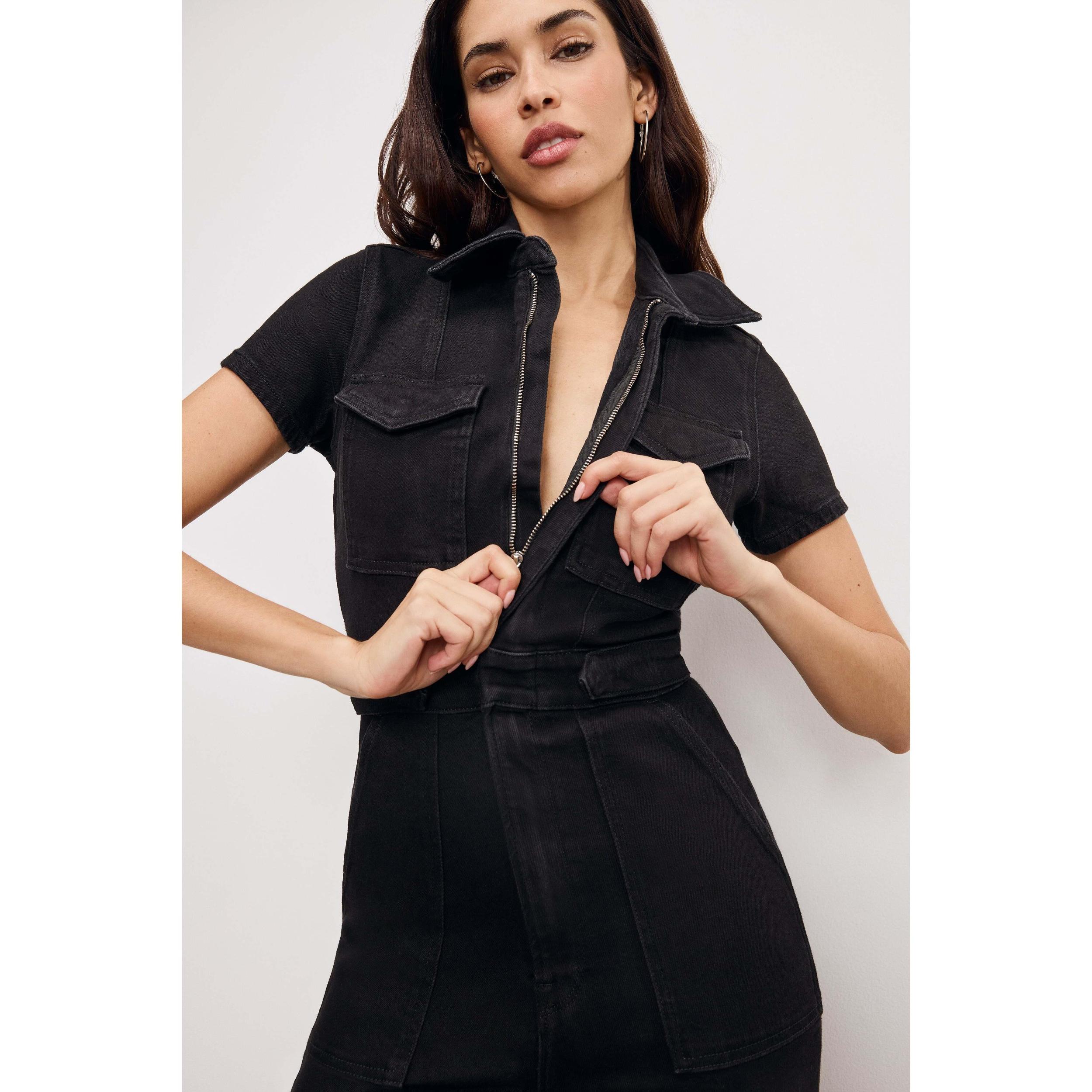 Womens Fit For Success Capri Denim Jumpsuit | , | Hidden Front Zipper Closure, Breast Pockets | Good American by Product Image