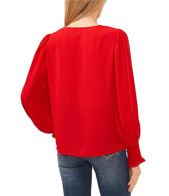 CeCe V-Neck Long Peasant Sleeve Smocked Cuff Heavy Georgette Blouse Product Image