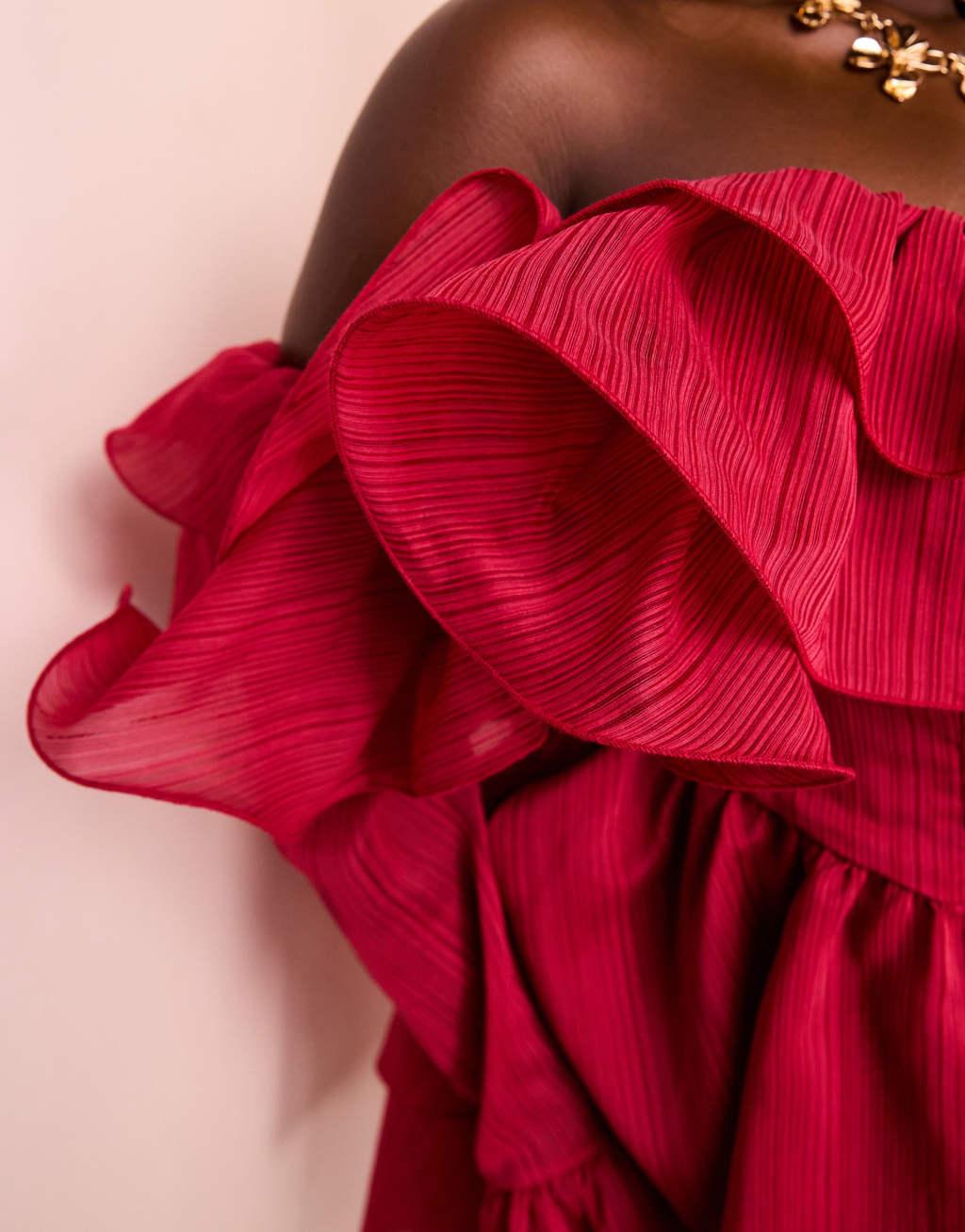 ASOS LUXE Curve off shoulder frill mini dress with wired hem & corsetted waist in Burgundy Product Image