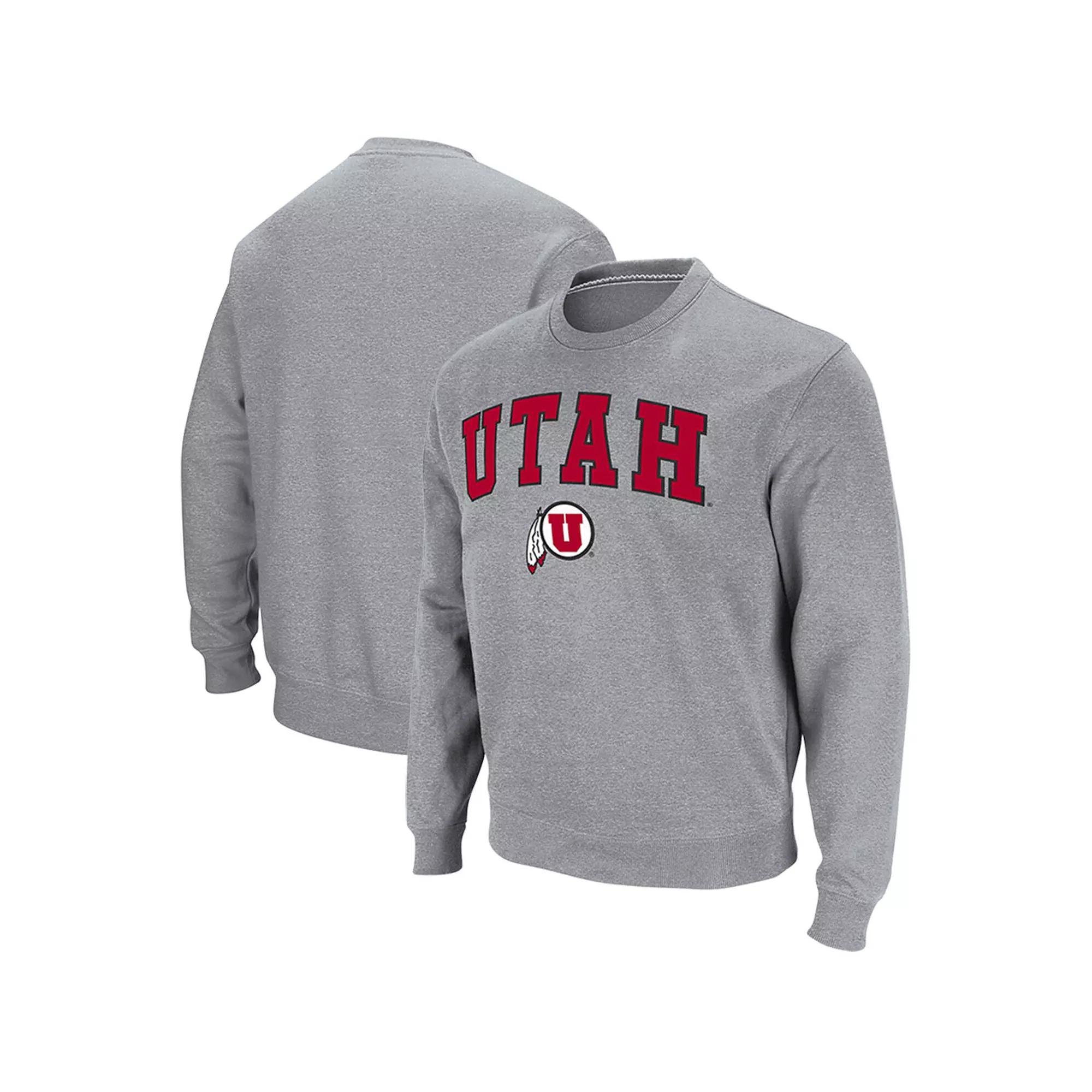 Men's Colosseum Heathered Gray Utah Utes Arch & Logo Tackle Twill Pullover Sweatshirt,  Product Image