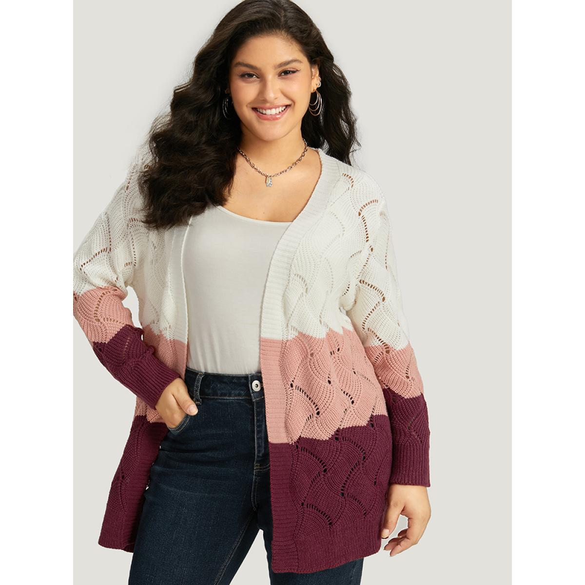 Plus Size Colorblock Contrast Open Front Eyelet Cardigan Multicolor Women Casual Loose Long Sleeve Dailywear Cardigans BloomChic 12/L Product Image