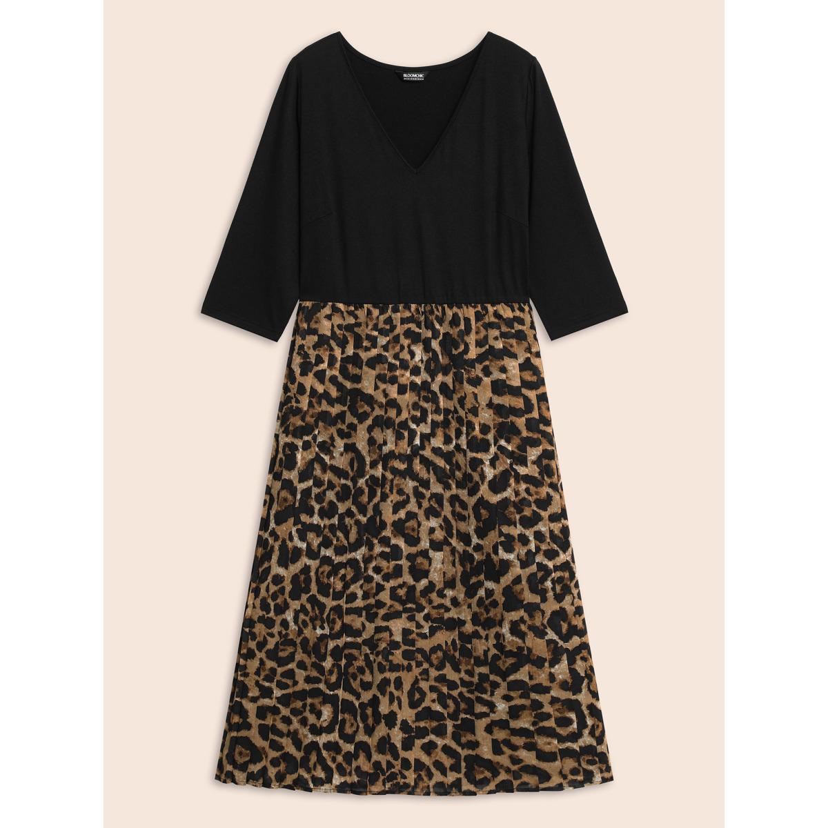 Plus Size V Neck Leopard Print Patchwork Dress Yellowishbrown Women Elegant Pleated V-neck Elbow-length sleeve Curvy BloomChic 18-20/2X Product Image