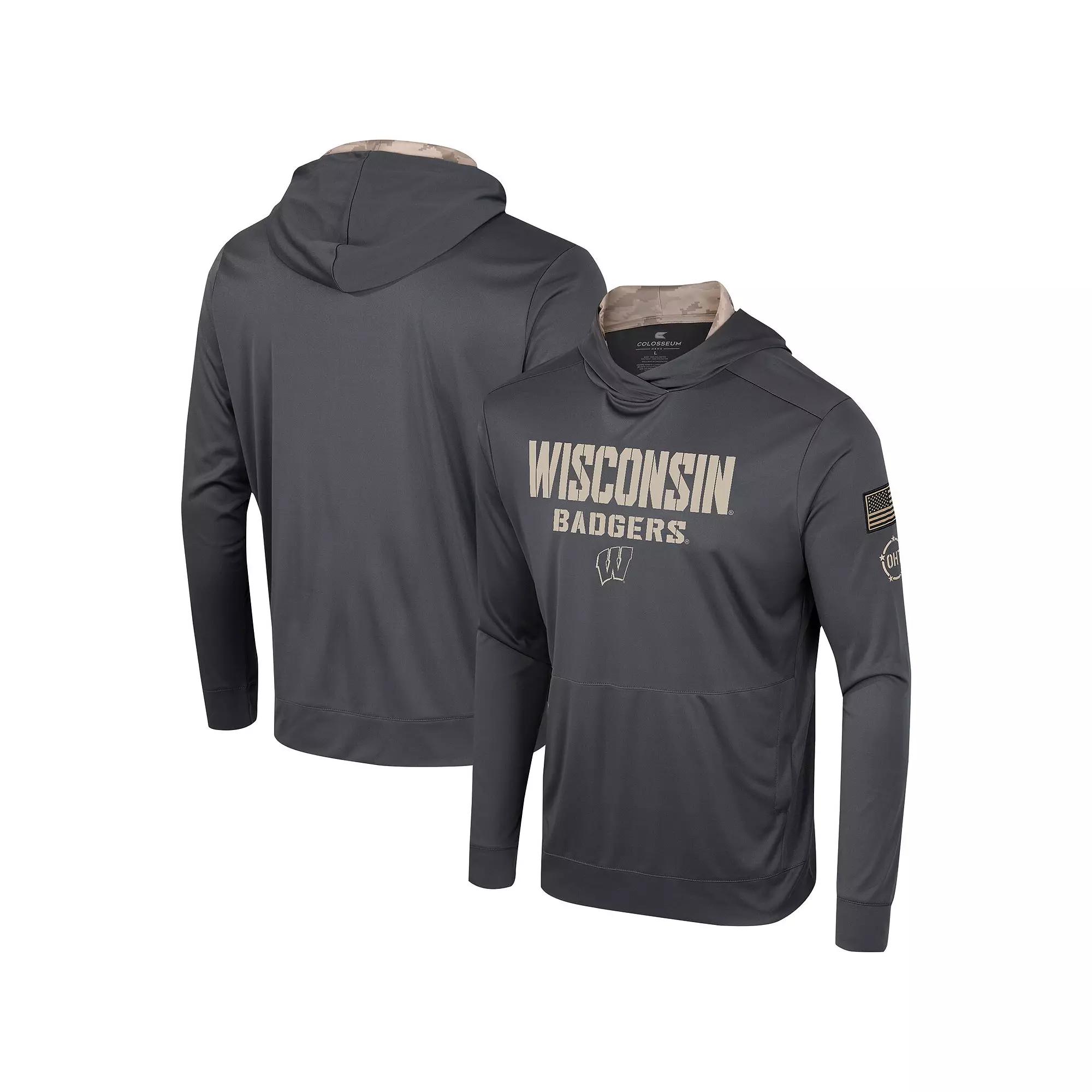 Men's Colosseum Charcoal Wisconsin Badgers OHT Military Appreciation Long Sleeve Hoodie T-Shirt,  Product Image