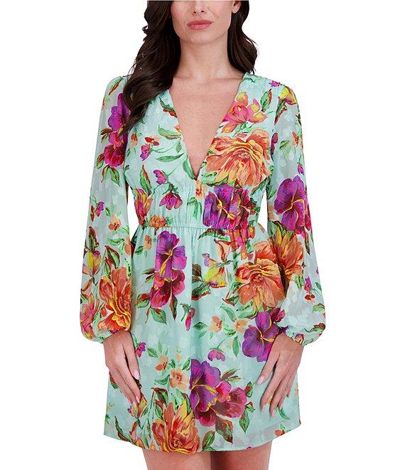 SIENA Burnout Floral Print V-Neck Long Sleeve A-Line Mini Dress Product Image