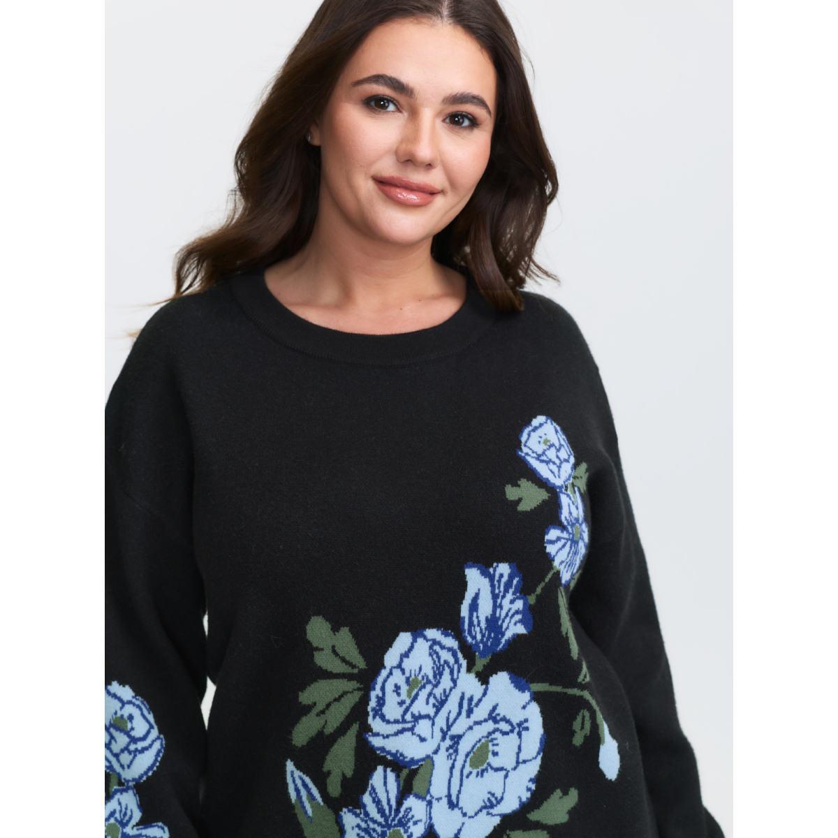 Plus Size Rosy Jacquard Drop Shoulder Pullover Black Women Playful Loose Long Sleeve Round Neck Casual Pullovers BloomChic 30/6X Product Image