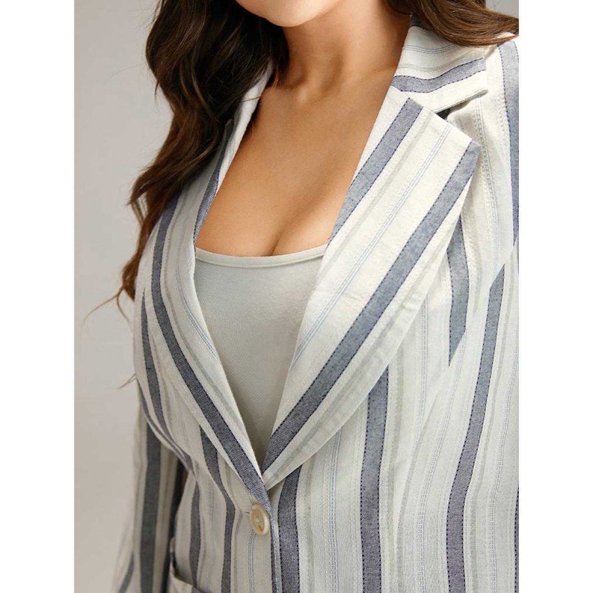 Plus Size Striped Suit Collar Pocket Blazer Blue Women Dailywear Striped Contrast Sleeve Long Sleeve Suit Collar 12/L Pocket Casual Blazers BloomChic Product Image