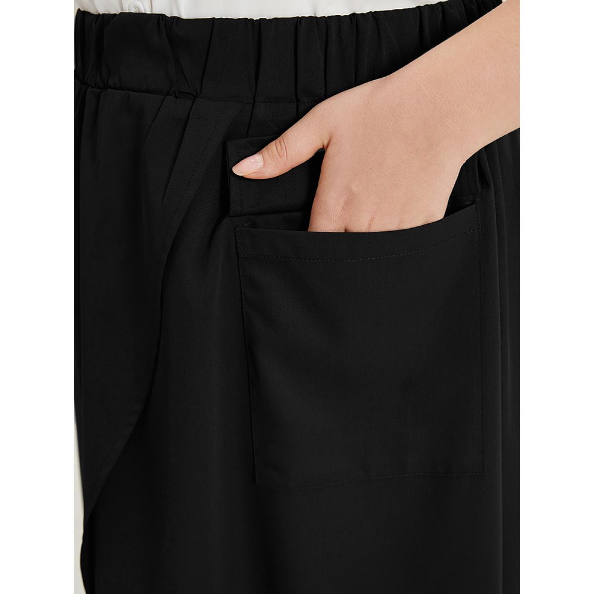 Plus Size Solid Pocket Elastic Waist Gathered Skirt Women Black Office Plain No stretch Pocket Work Skirts BloomChic 10/M Product Image