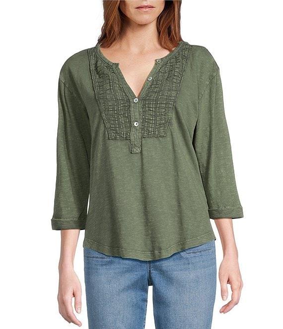 Westbound Knit 3/4 Sleeve Solid Henley Neck Top Product Image