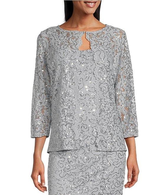 Marina Scalloped Glitter Lace Scoop Neck 3/4 Sleeve 2-Piece Jacket Dress Product Image