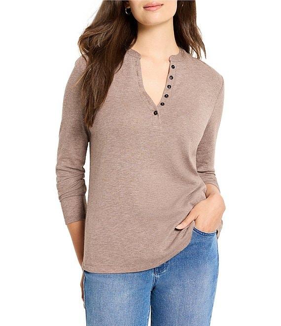 NIC + ZOE Knit Band Collar Henley Placket Long Sleeve Tee Product Image
