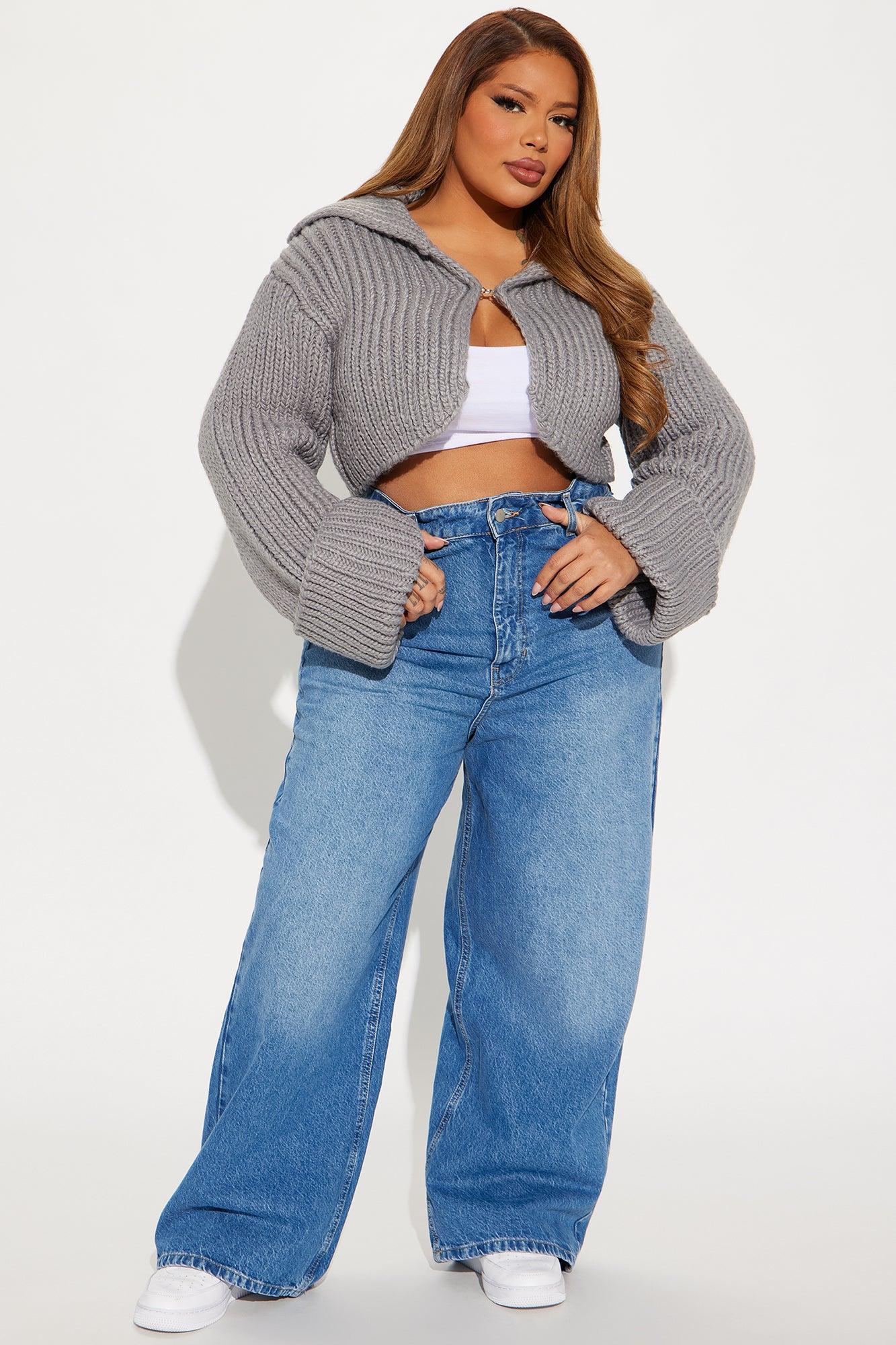 Downtown Chunky Knit Cropped Cardigan - Grey Product Image