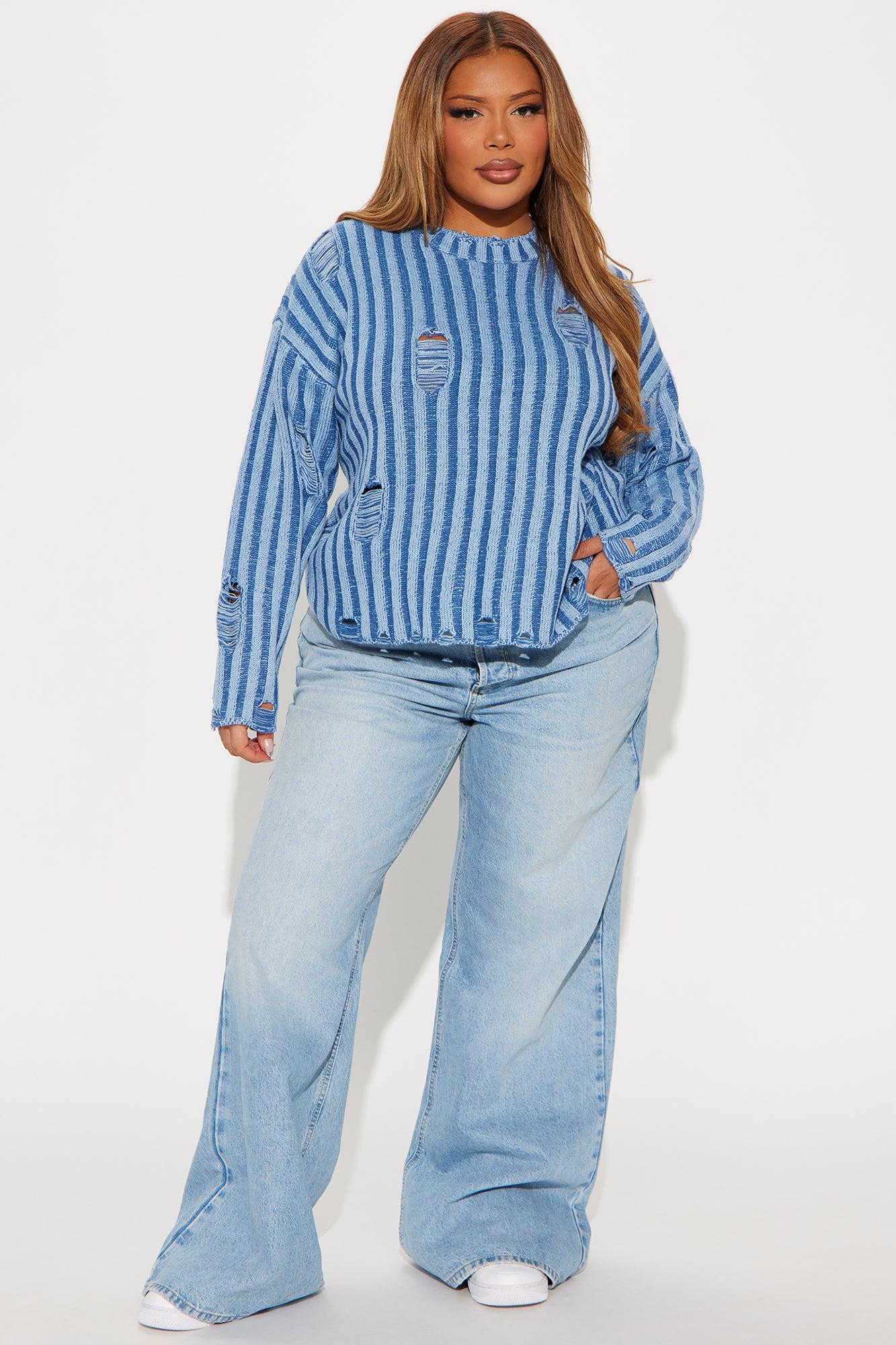 In A Mood Distressed Sweater - Blue Female Product Image