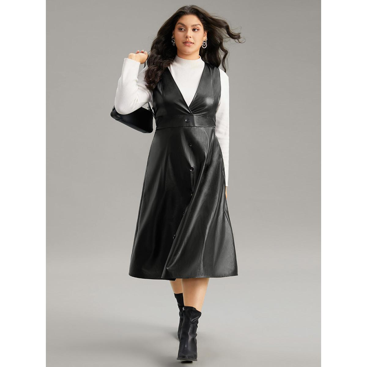 Plus Size PU Leather Sleeveless Button Detail Dress Black Women Office Plain V-neck Sleeveless Curvy Midi Dress BloomChic 22-24/3X Product Image