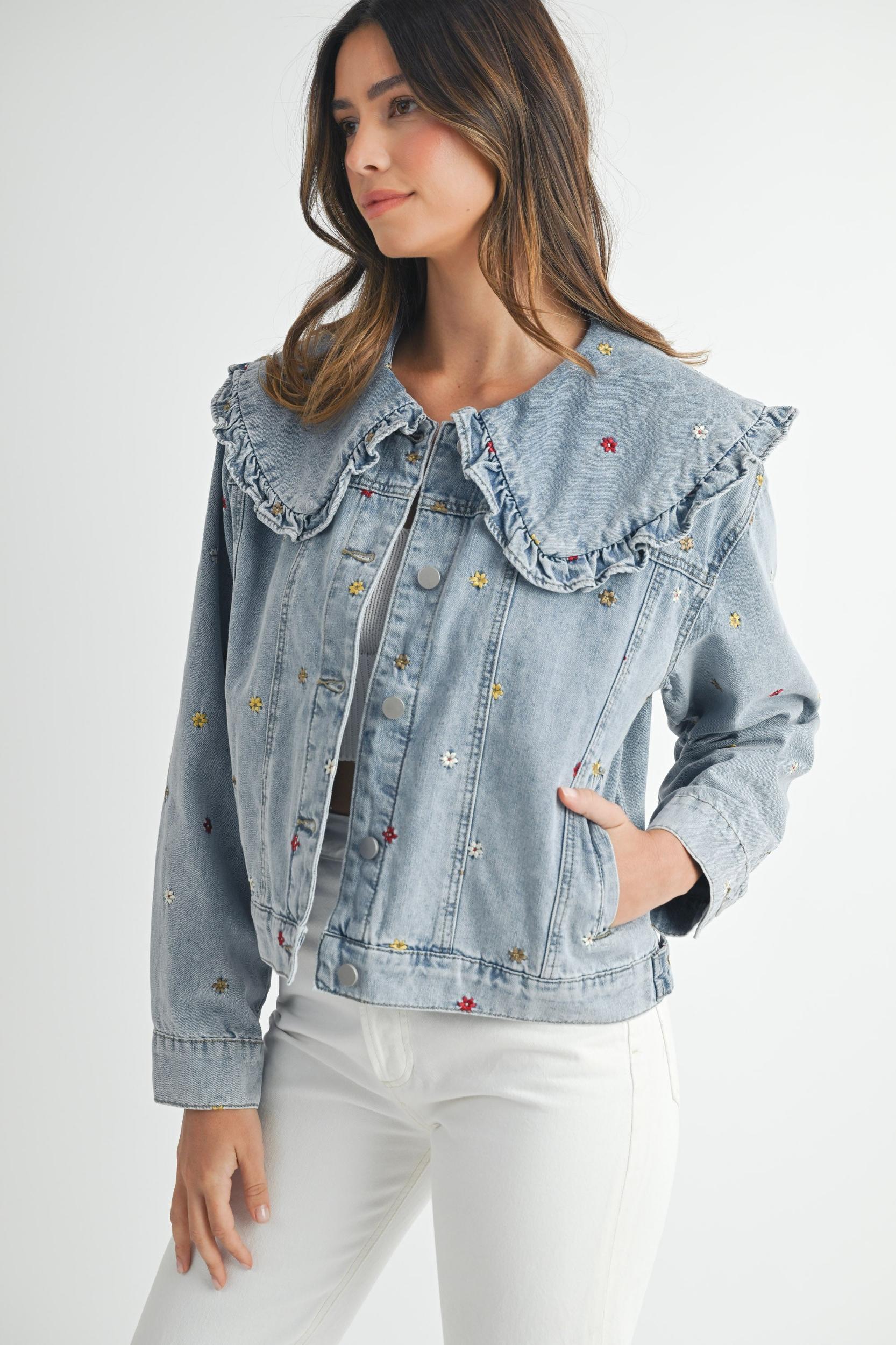 Peter Pan Collar Embroidered Denim Jacket Product Image