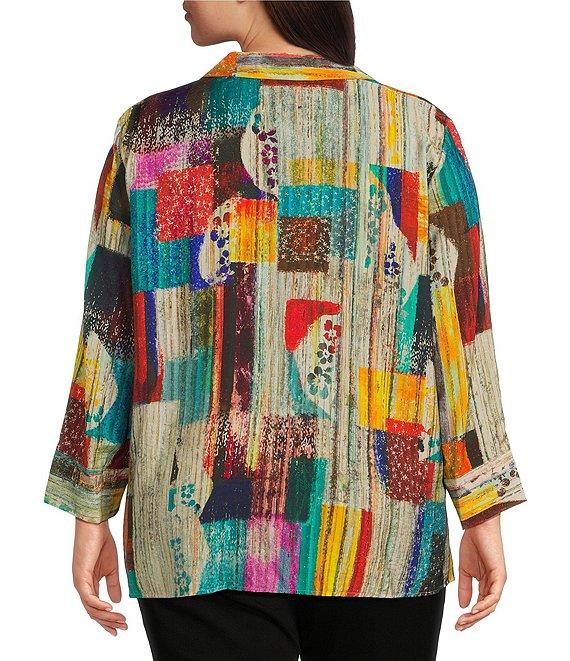 Ali Miles Plus Size Woven Abstract Multi Print Point Collar 3/4 Cuff Sleeve Button Front Tunic Product Image