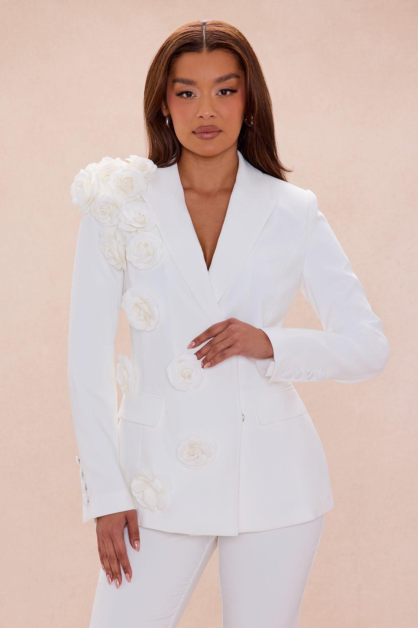 Arden Floral Applique Blazer Pant Set - White Female Product Image