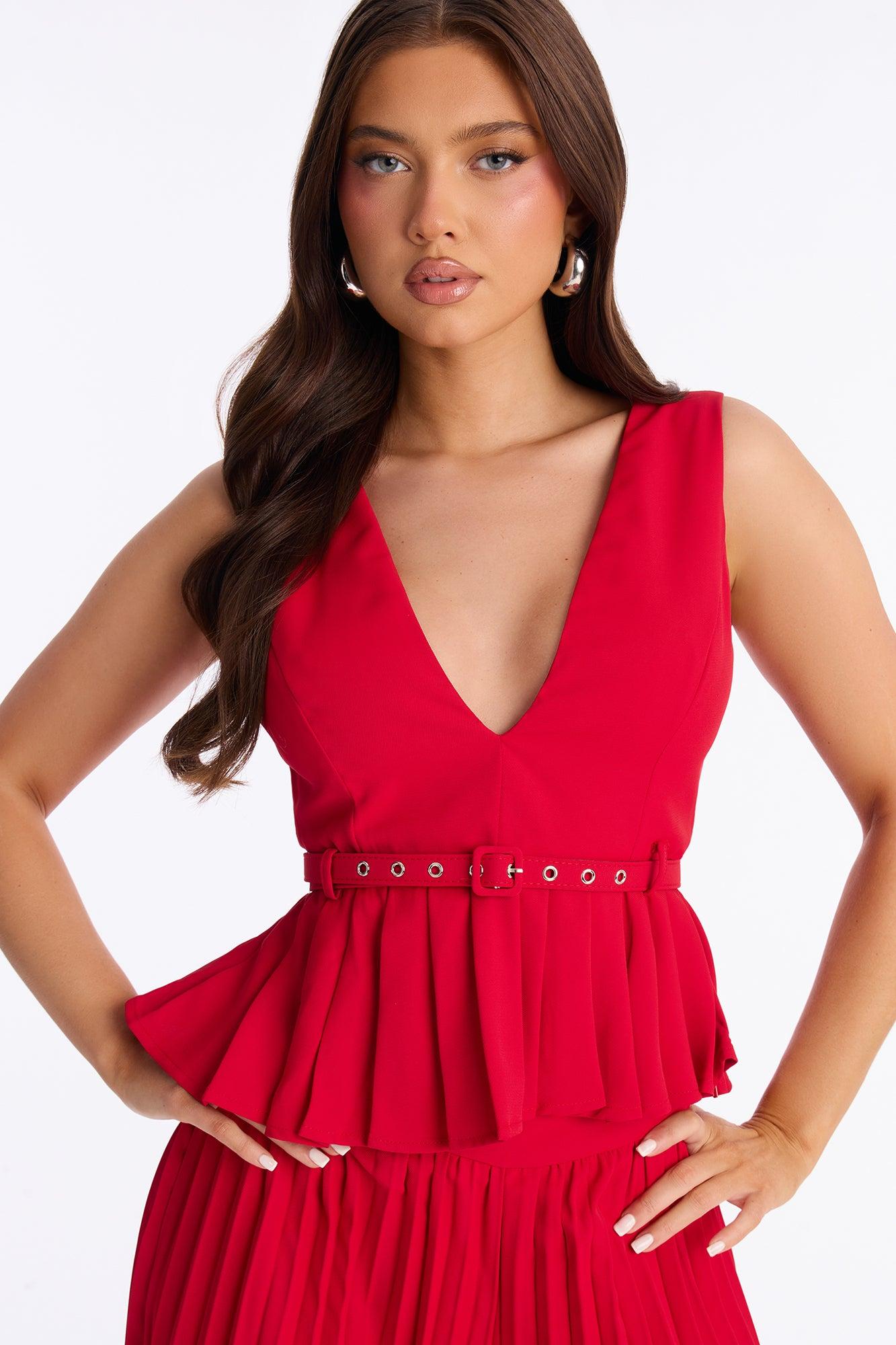 Norah Belted Pleated Pant Set - Red Female Product Image