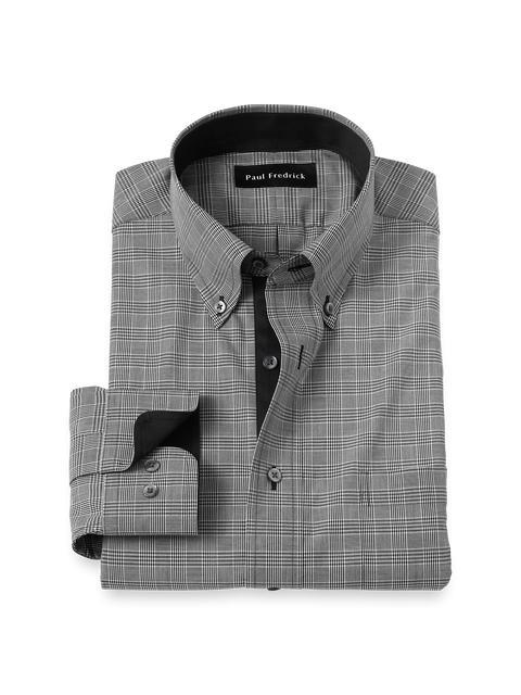 Non-Iron Cotton Plaid Dress Shirt With Contrast Trim - Black Product Image
