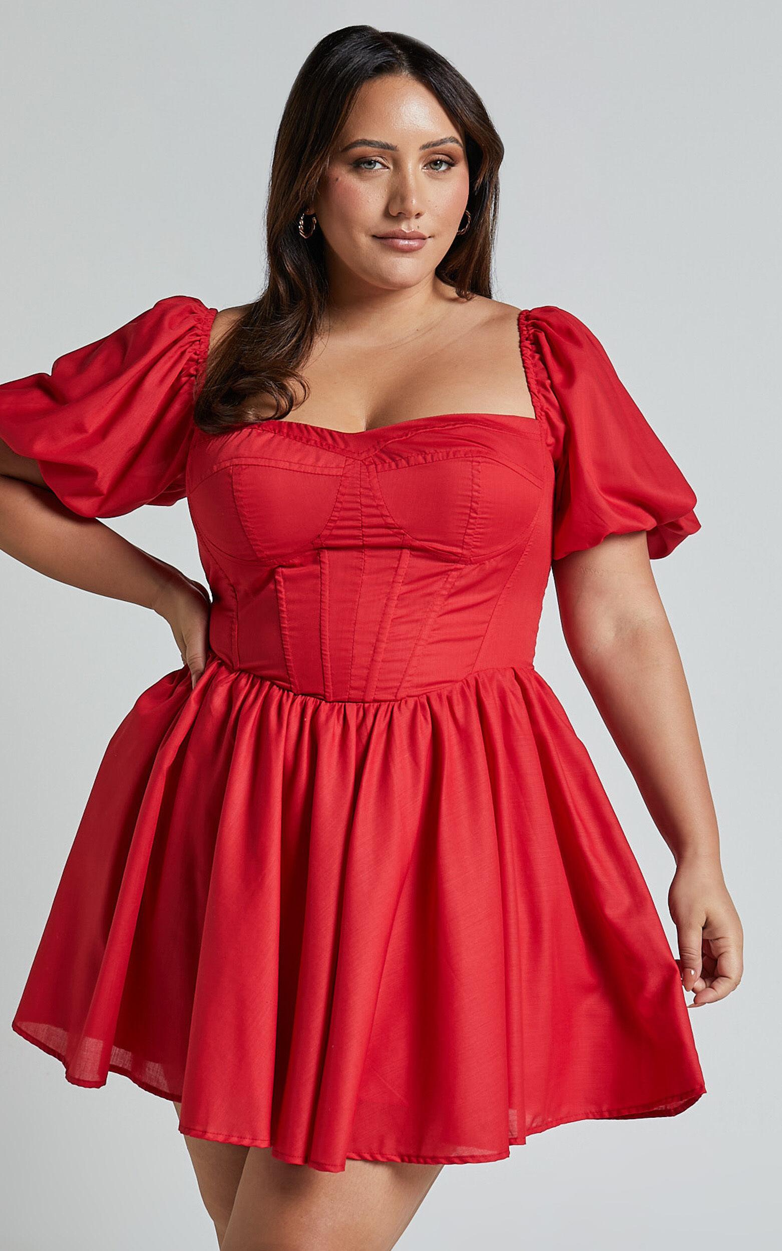 Souza Mini Dress - Fit and Flare Puff Sleeve Corset Dress in Red Product Image