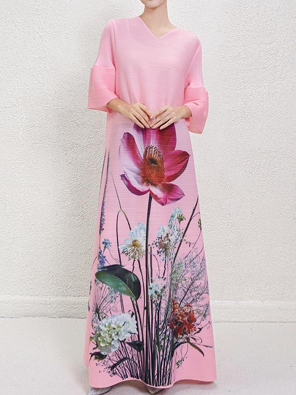 A-Line Flared Sleeves Flower Print Pleated V-Neck Maxi Dresses Product Image