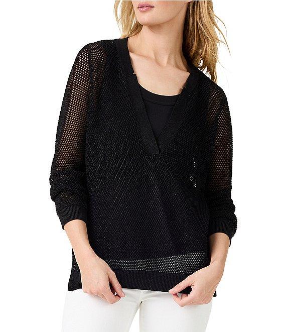 NIC + ZOE Mesh Stitch Metallic V-Neck Long Sleeve High-Low Hem Side Slit Sweater Product Image