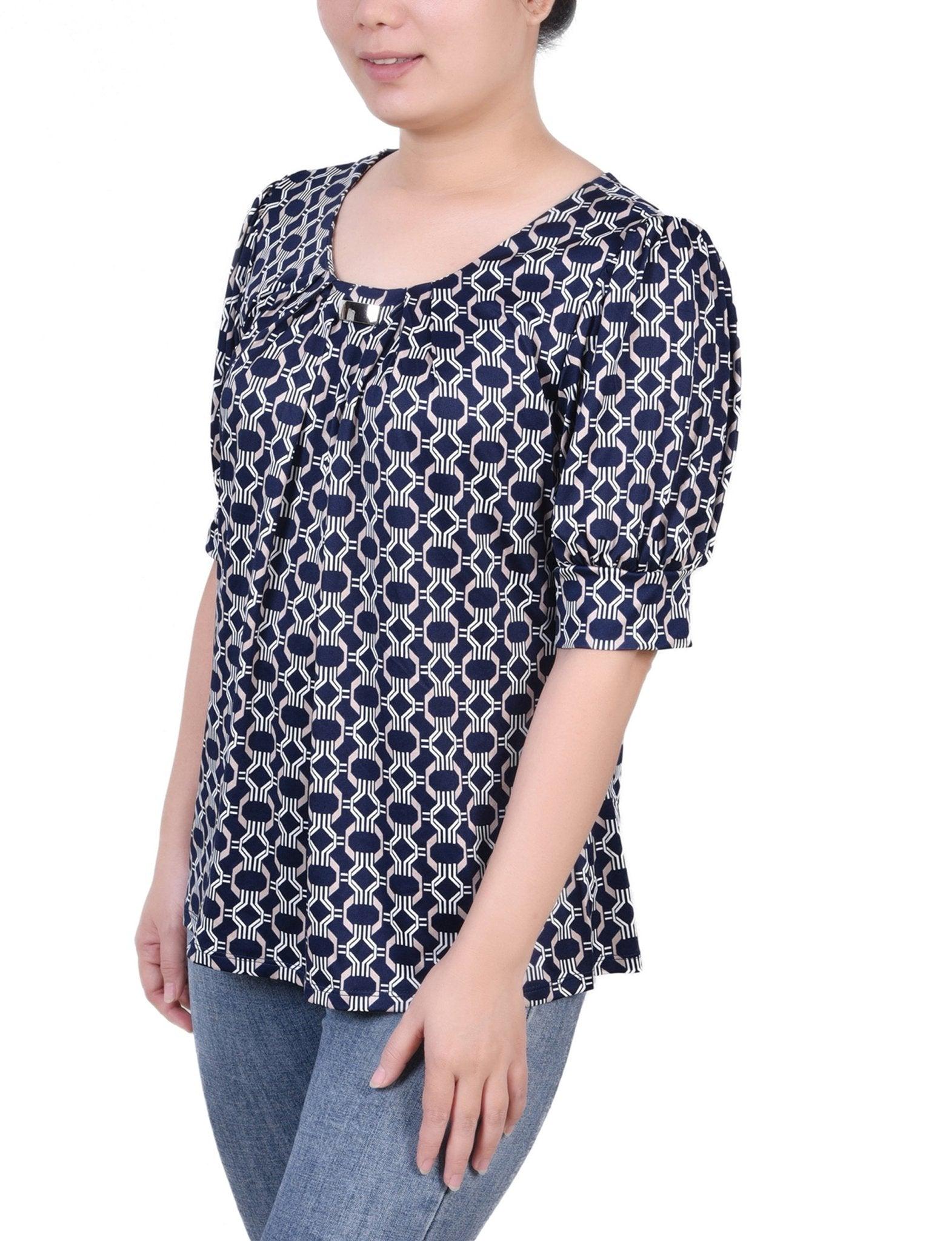 Navy Taupe Link Short Sleeve Balloon Sleeve Top - Petite Product Image