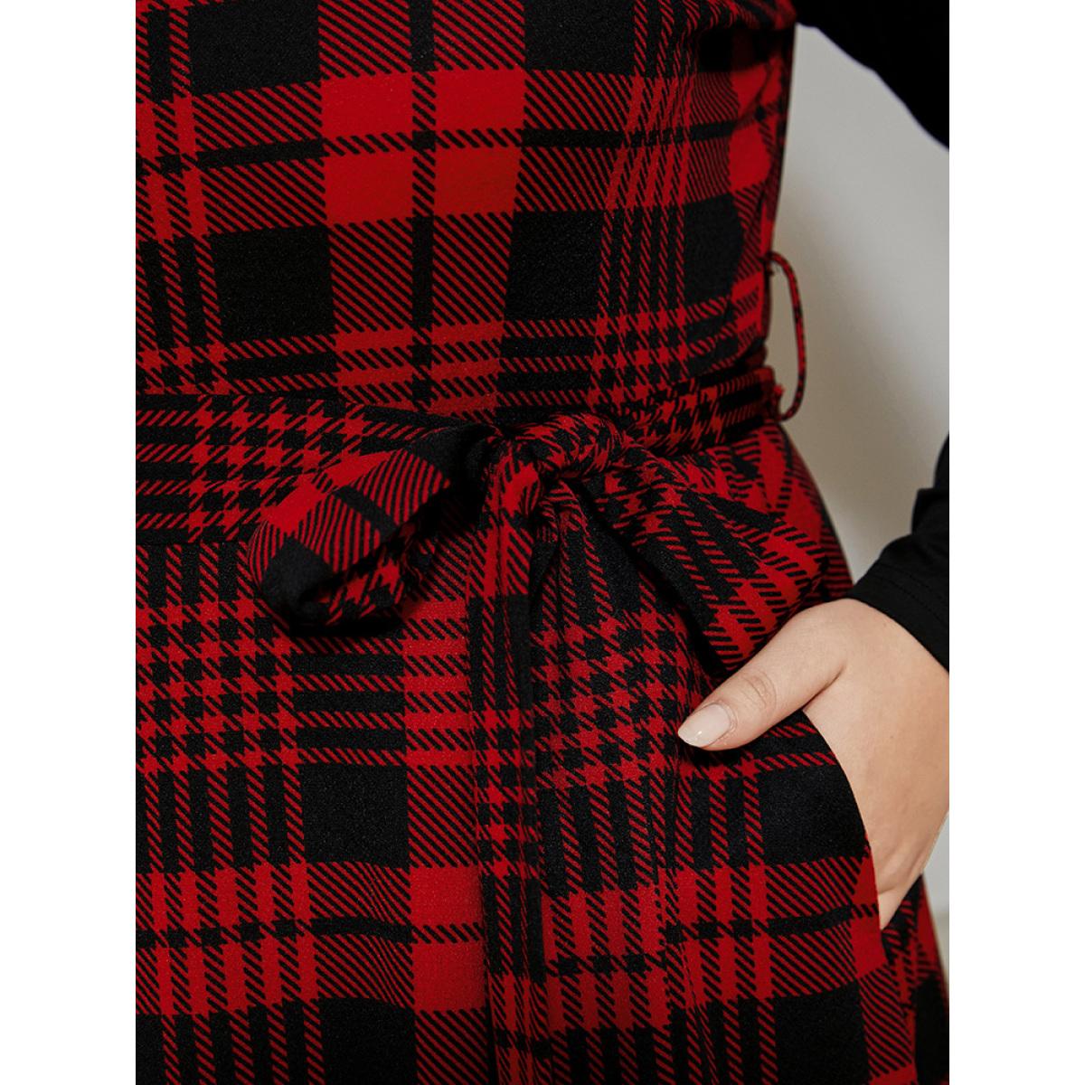 Plus Size Plaid Patchwork Round Neck Pocket Belted Dress Red Women Elegant Patchwork Round Neck Long Sleeve Curvy Midi Dress BloomChic 22-24/3X Product Image