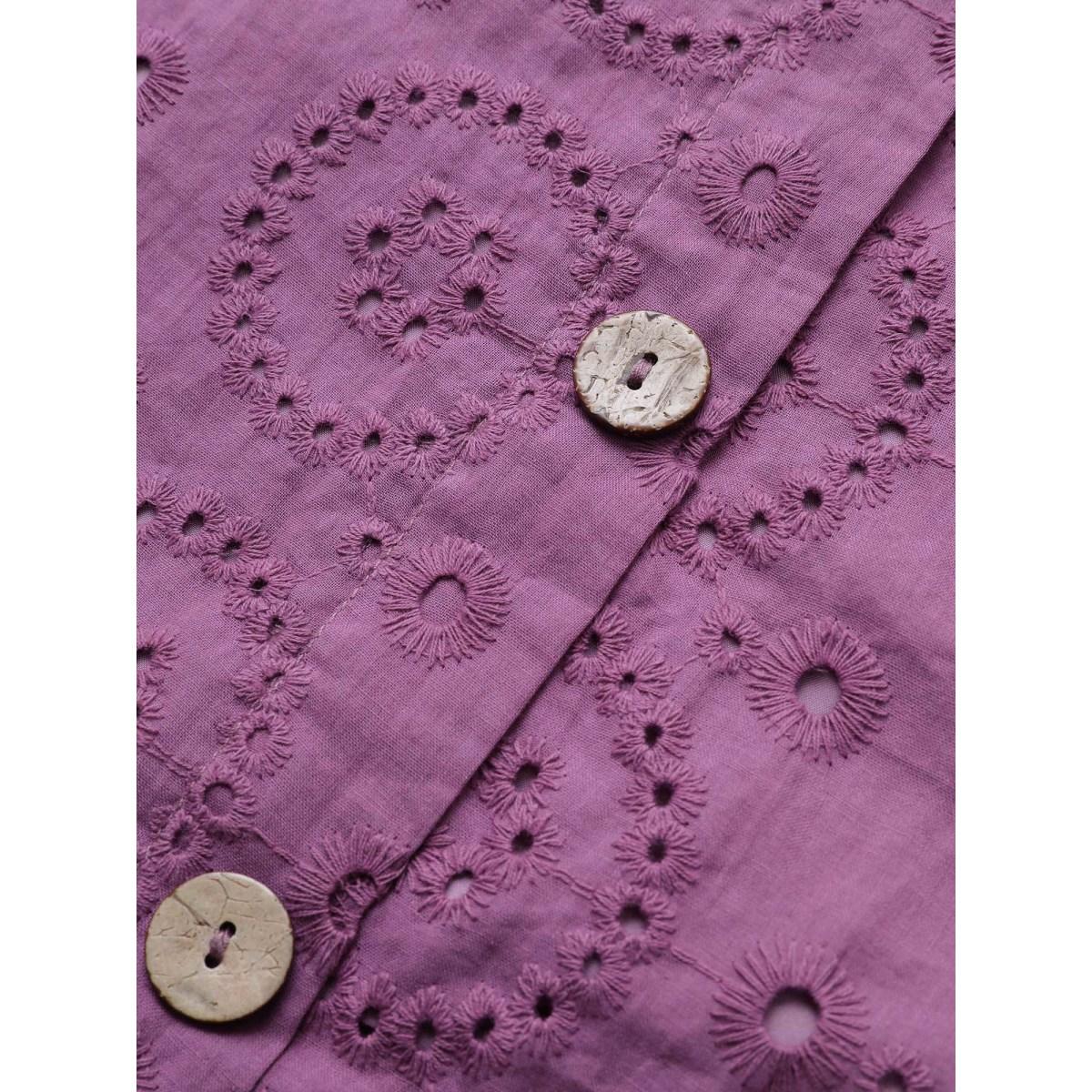 Plus Size Broderie Anglaise Gathered Square Neck Button Detail Dress Mauve Women Elegant Non Square Neck Elbow-length sleeve Curvy Midi Dress BloomChic 30/6X Product Image