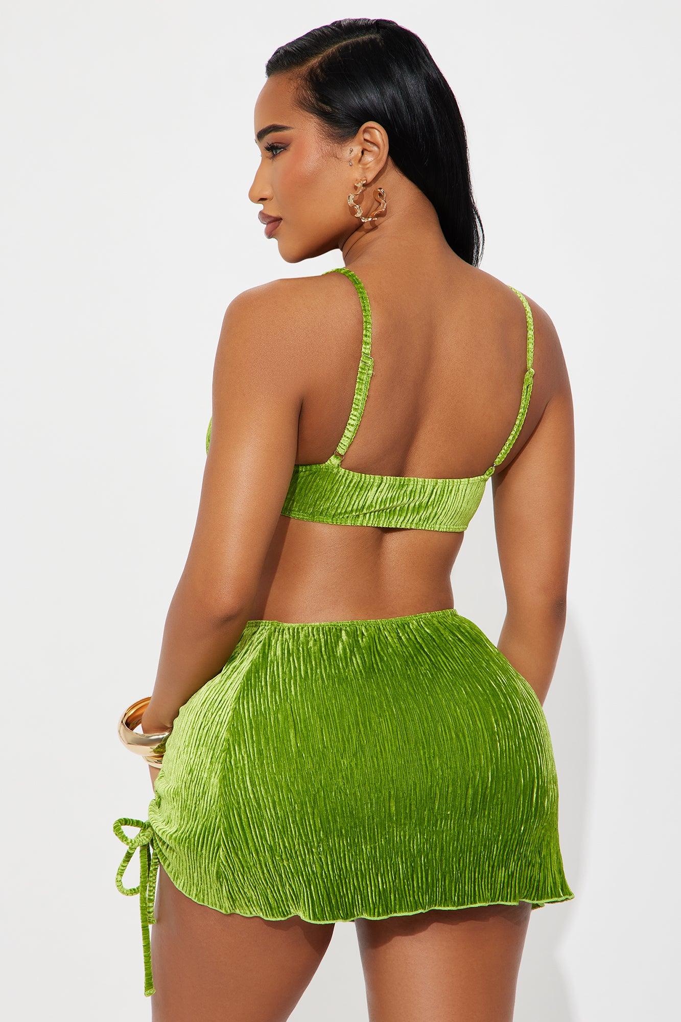 Farrah Hardware Velvet 3 Piece Bikini Ruched Skirt Set - Green Product Image