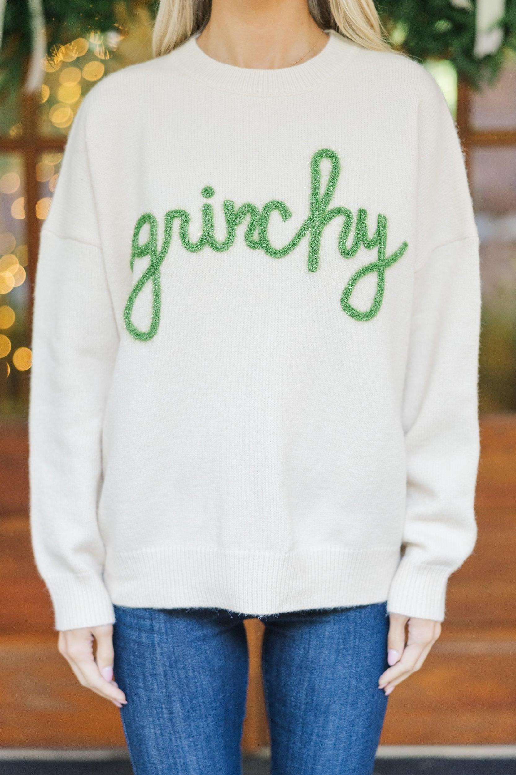 Feeling Grinchy Cream White Script Sweater Female Product Image