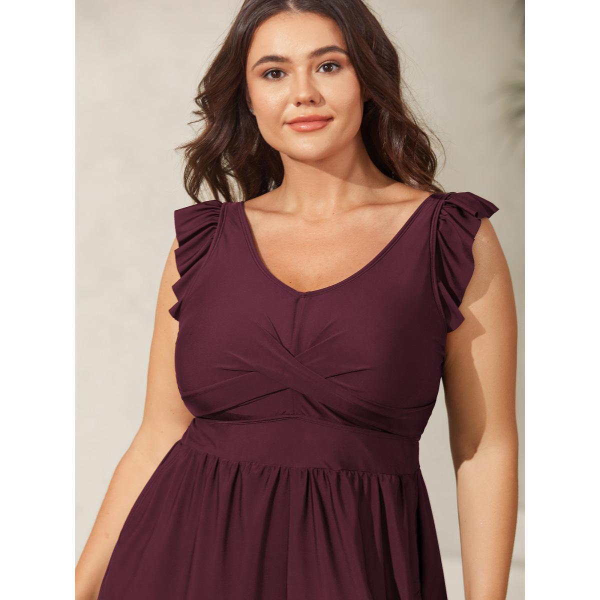 Plus Size Twist Front Ruffled One-Piece Swimsuit Women's Swimwear Plum Resort Twist Curve Bathing Suits High stretch One Pieces BloomChic 30/6X Product Image