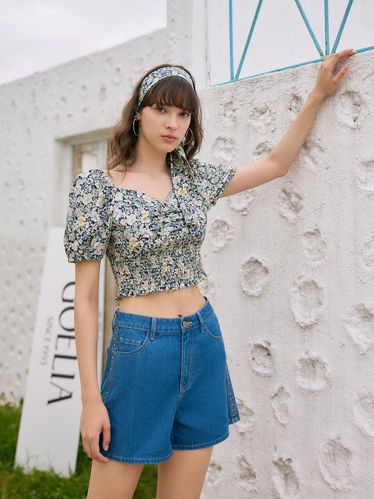 Rhinestone Denim A-Line Women Shorts Product Image