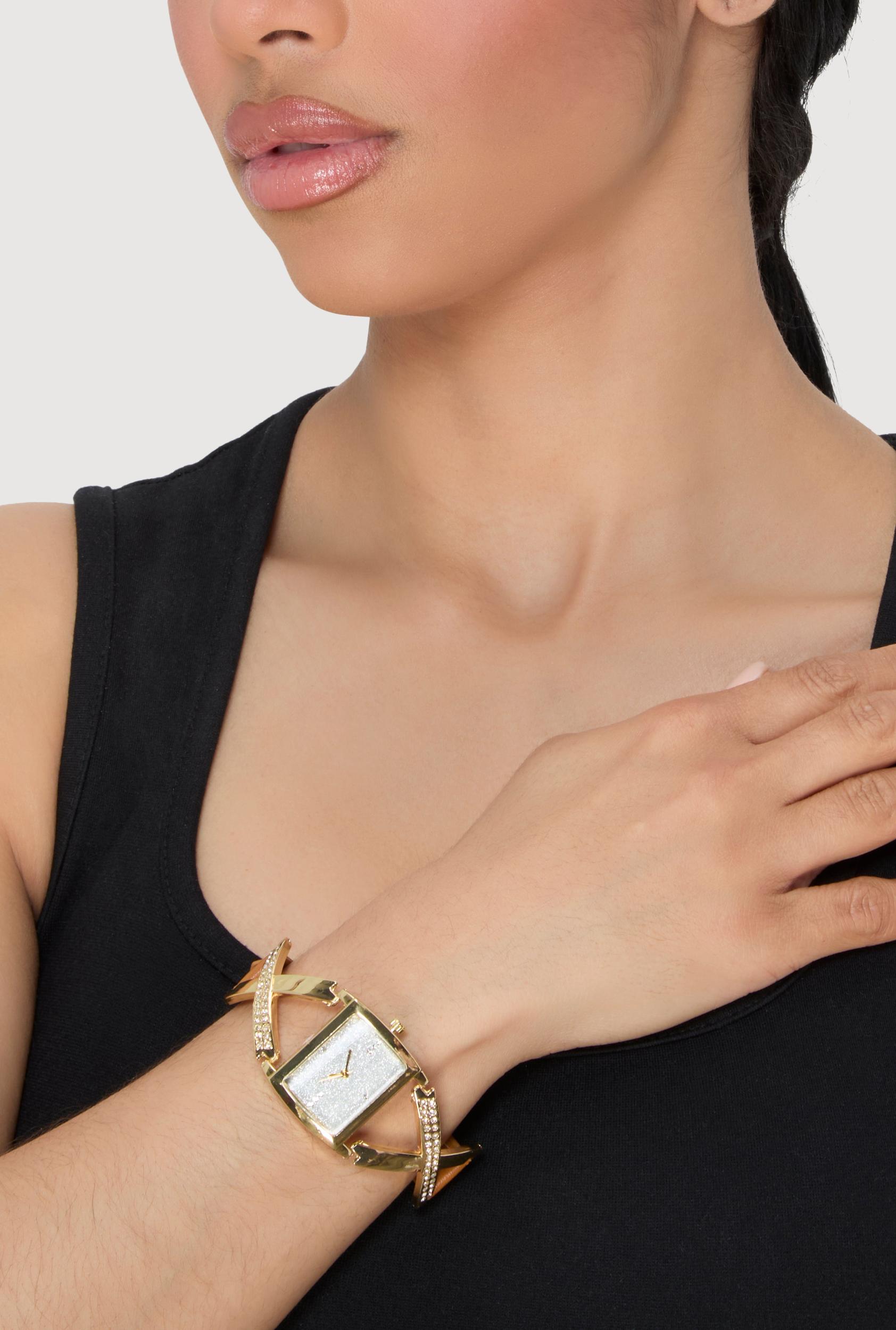 Faux Leather Band Rhinestone Studded Watch Female Product Image