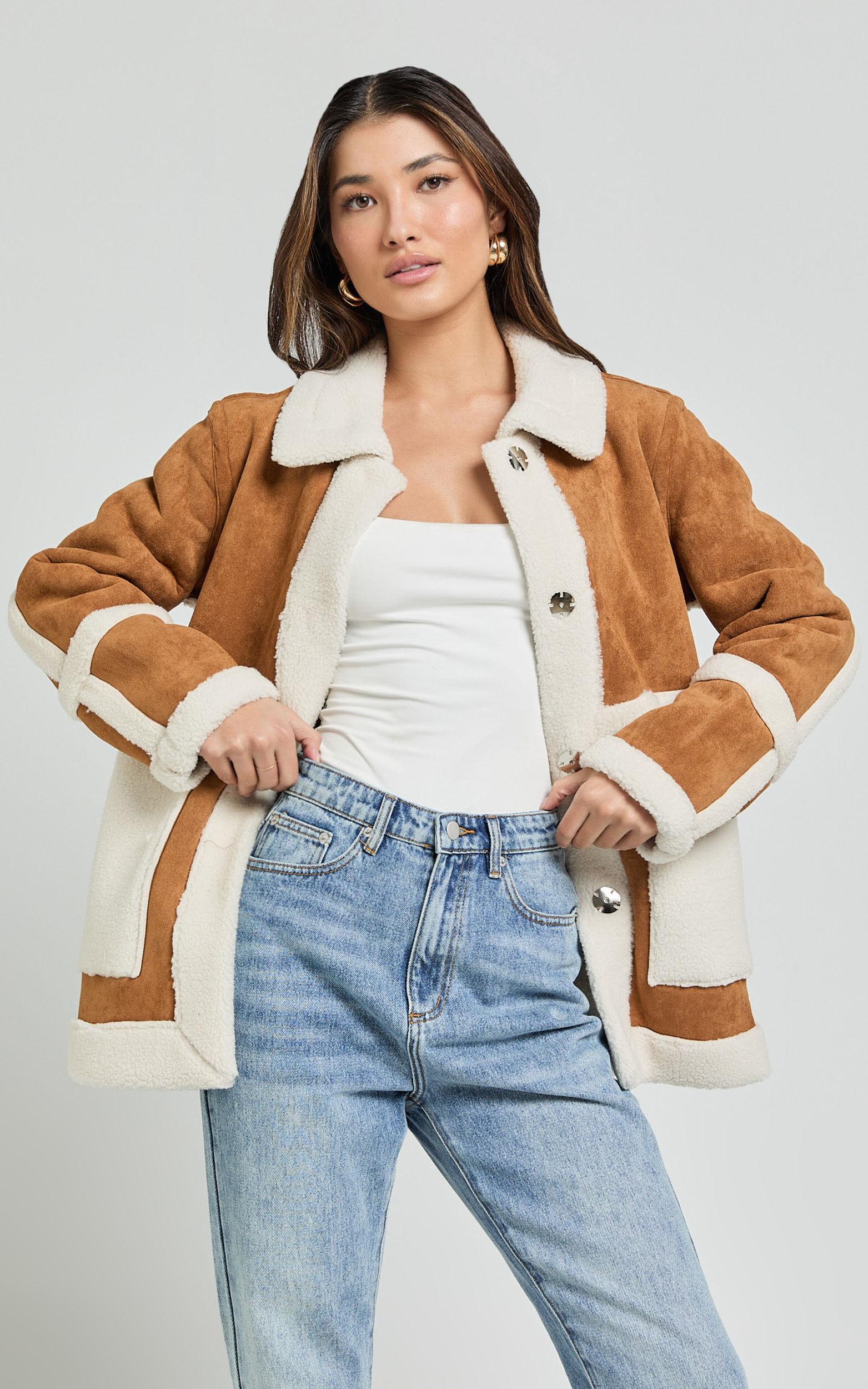 Shelley Coat - Faux Shearling Aviator Coat in Brown Product Image