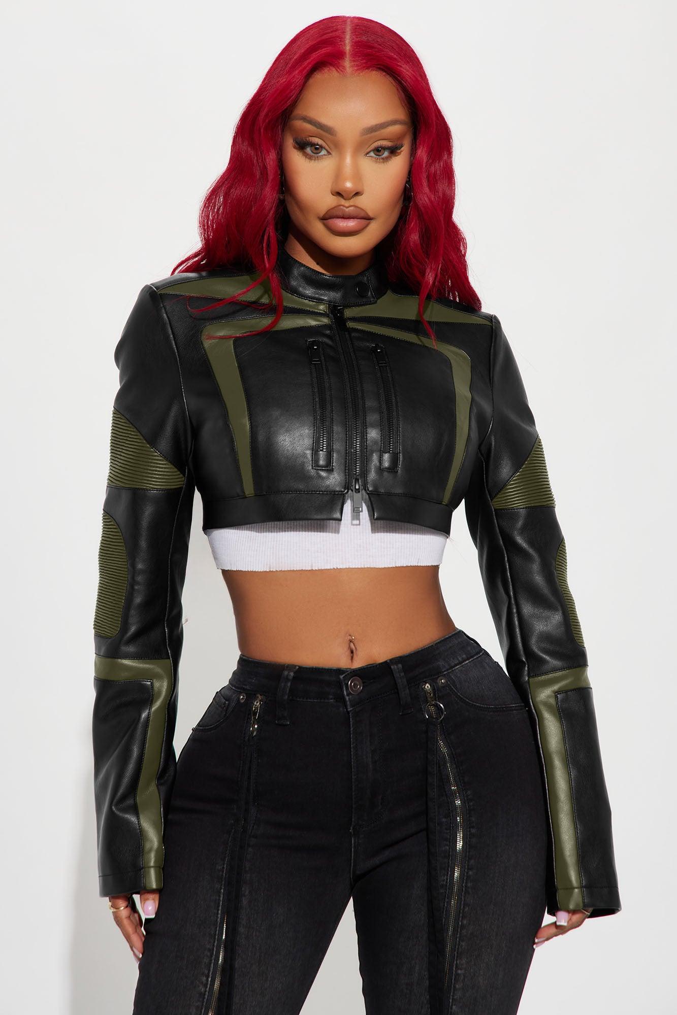 Not Like The Rest Faux Leather Moto Jacket - Olive/combo Female Product Image