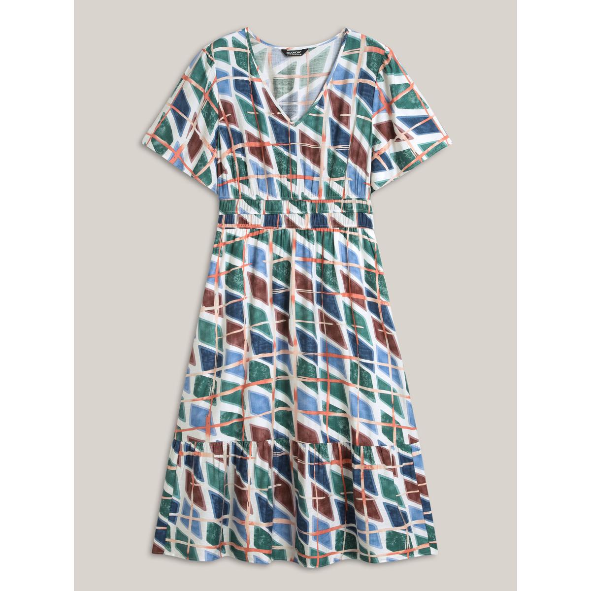 Plus Size Abstract Print Stretchy Waist Midi Dress Multicolor Women V-neck Short sleeve Curvy BloomChic 12/L Product Image