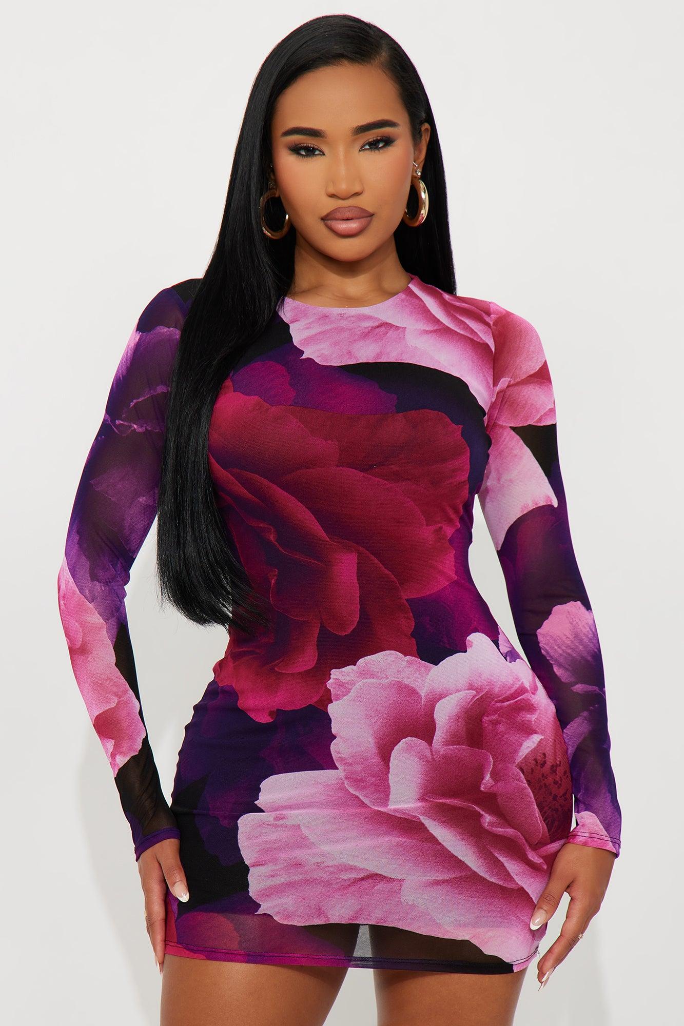 Clara Long Sleeve Floral Mesh Mini Dress - Purple/combo Female Product Image