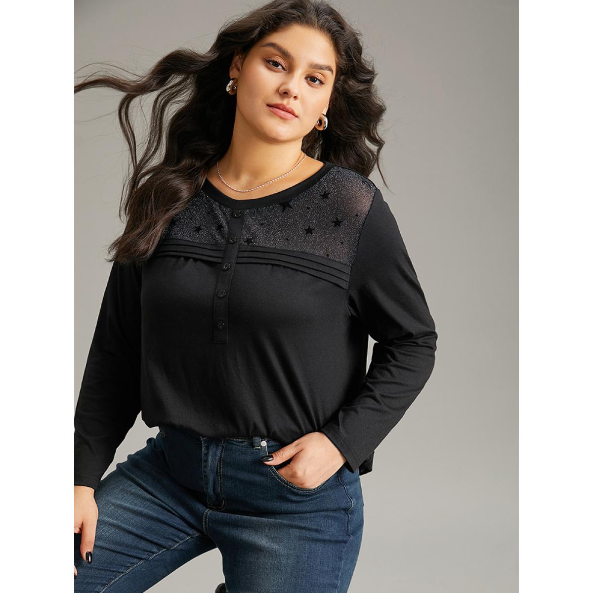 Plus Size Star Mesh Patchwork Button Detail T-shirt Black Women Elegant See through Moon and Star Round Neck Dailywear T-shirts BloomChic 10/M Product Image