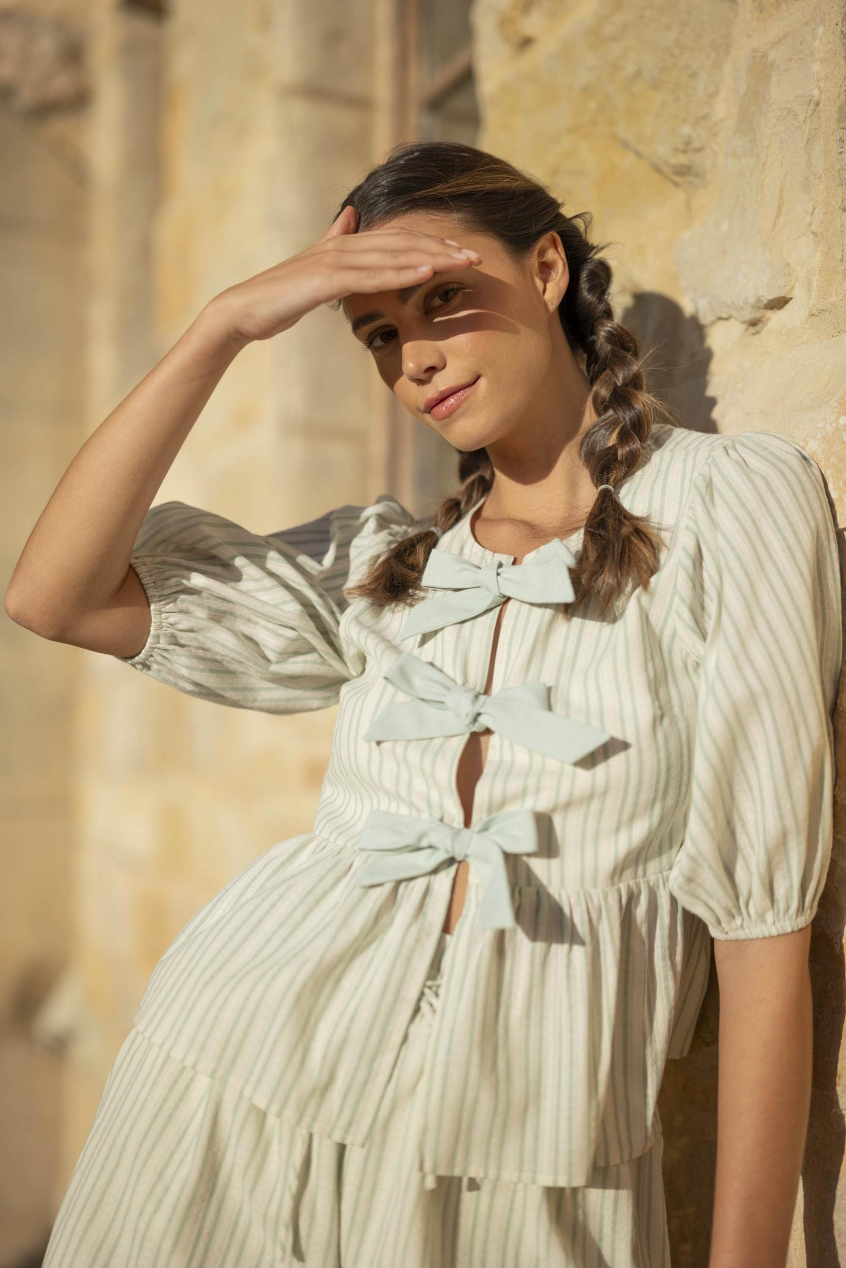 Bow Tie Front Puff Sleeve Peplum Top & Shorts Set Product Image