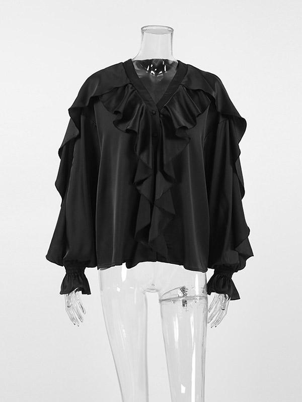 Loose Puff Sleeves Solid Color Split-Joint Tiered V-Neck Blouses&Shirts Tops Product Image