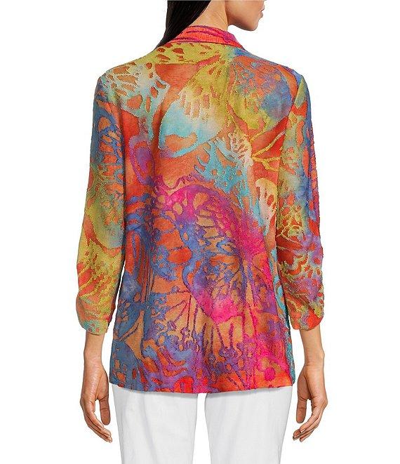 Ali Miles Burnout Abstract Floral Print Point Collar 3/4 Cinched Sleeve Zip-Up Jacket Product Image